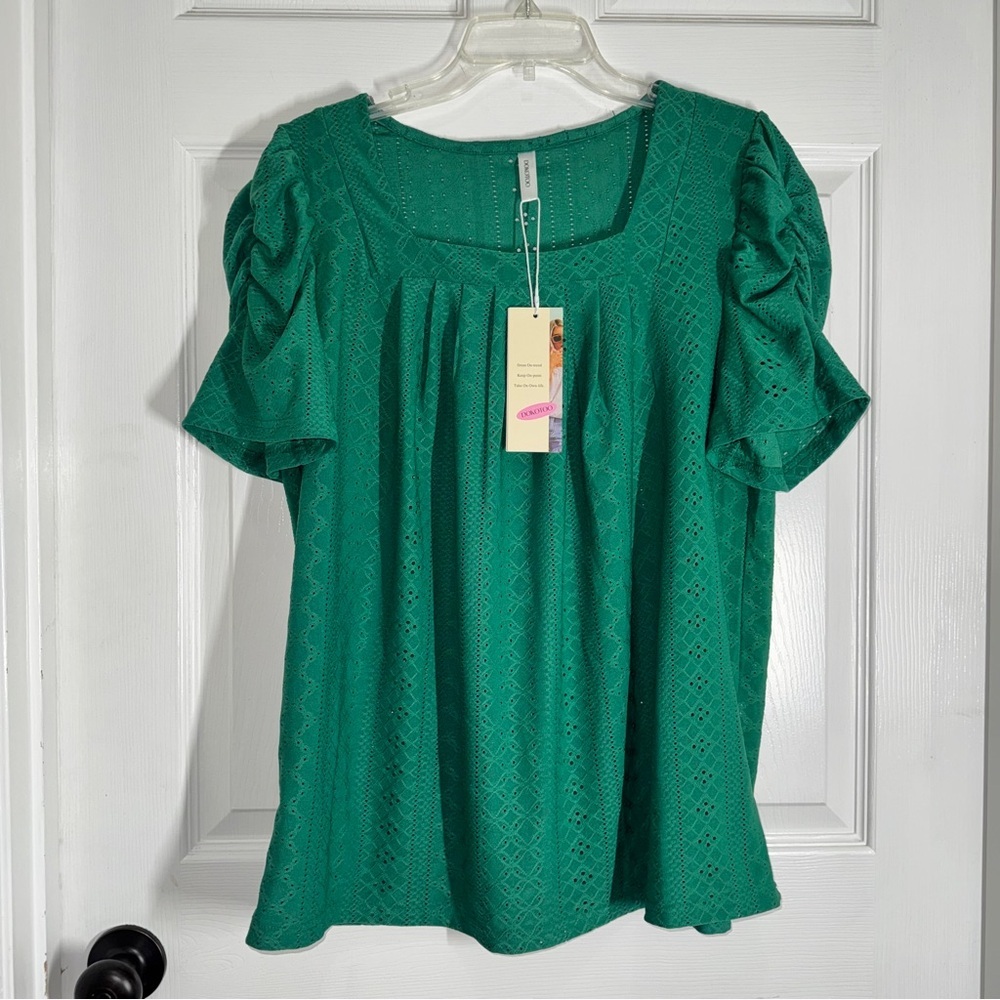 Dokotoo Elegant Green Square Neck Loose Fit Short Sleeve Blouse size L - Picture 7 of 9